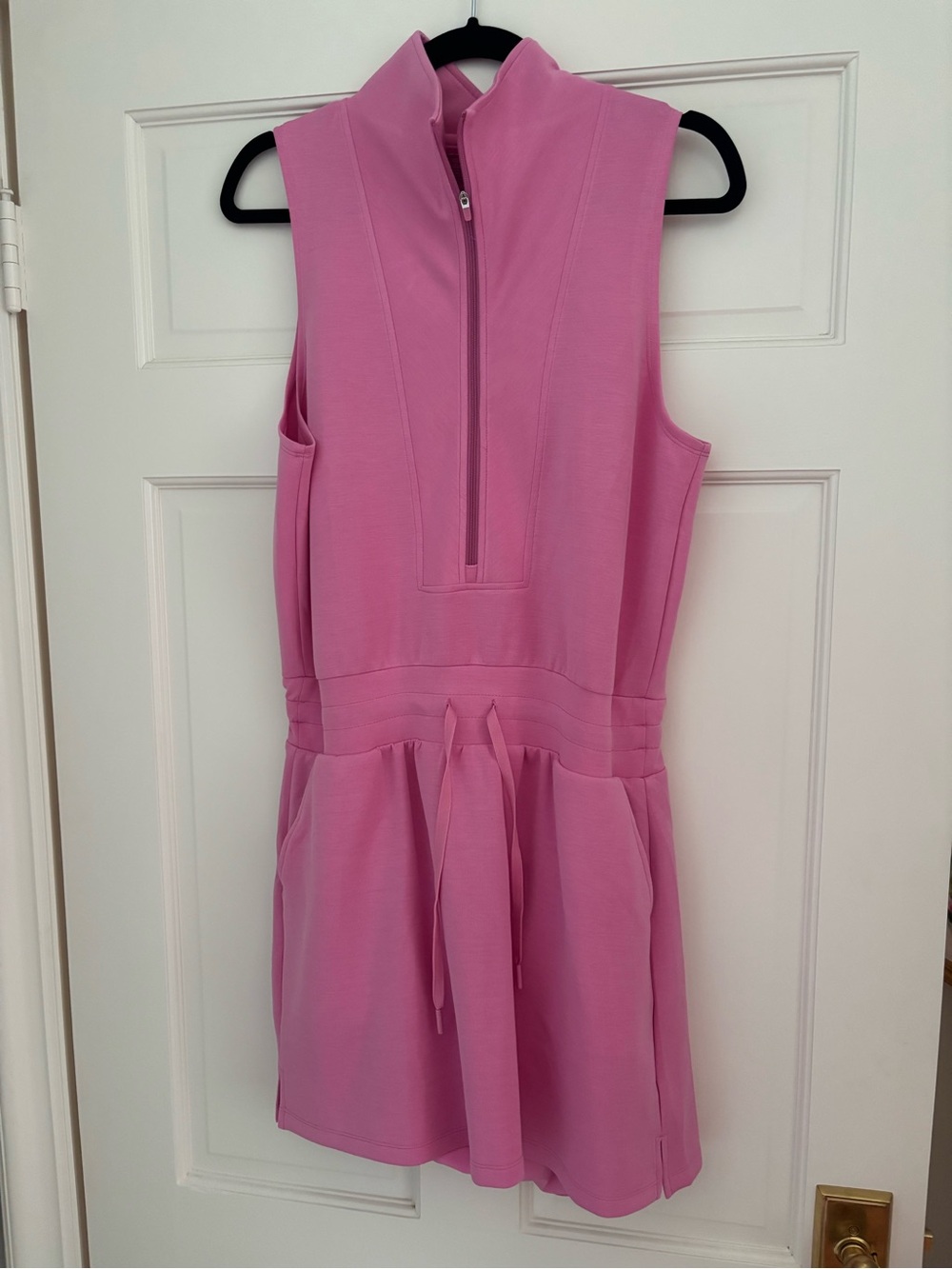 Sleeveless Pink Mini Athleisure Dress with Front Zip, Drawstring Waist